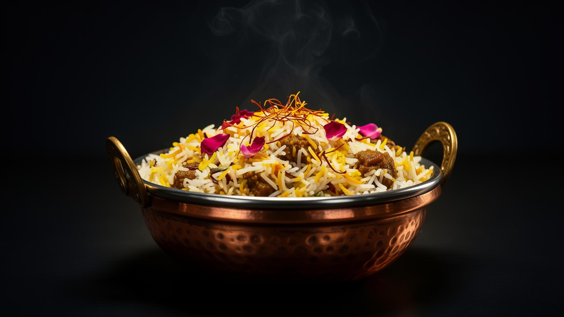 Slow-cooked dum biryani in a copper karahi